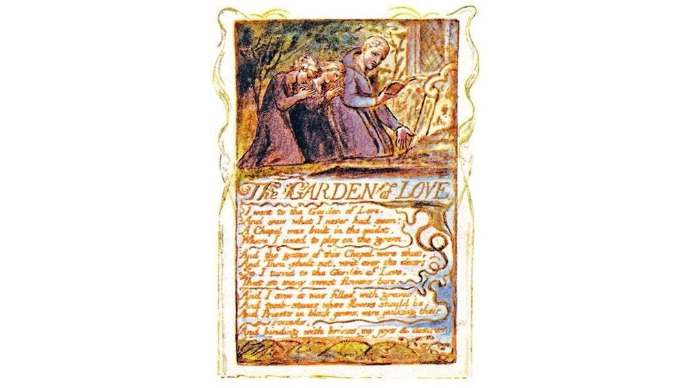 Written copy of The Garden of Love with illustration of figures praying above Written copy of The Garden of Love with illustration of figures praying above